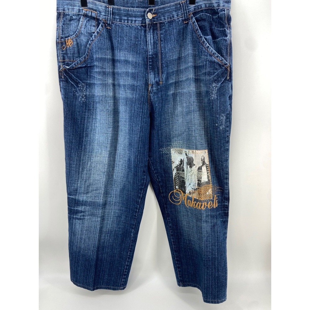 Makaveli Jeans Men 48 Blue Baggy Wide Leg Y2K Hip Hop Streetwear Tupac Photo